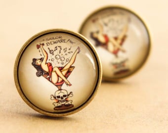 Sailor Jerry Cufflinks - Mens Nautical Rockabilly Martini Girl  Mans Ruin Cuff Links Vintage Groom Wedding