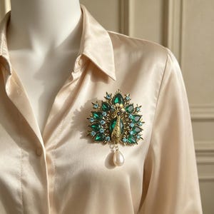 Può includere: Una spilla a forma di pavone color oro con cristalli verde smeraldo a goccia, cristalli rotondi più piccoli color azzurro e una singola perla bianca artificiale a goccia pendente, fissata su una camicia in raso color champagne chiaro.
