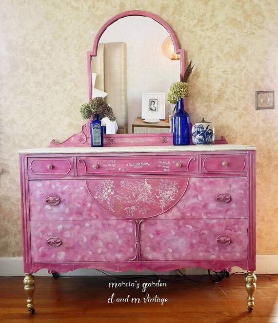 Antique 5 Drawer Pink White Handpainted Dresser Chest Mirror Etsy