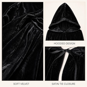 Op de afbeelding: Een zwarte fluwelen mantel met een capuchon en een satijnen striksluiting. De stof heeft een zachte, getextureerde uitstraling met zichtbare plooien. De afbeelding bevat de teksten HOODED DESIGN, SOFT VELVET en SATIN TIE CLOSURE.