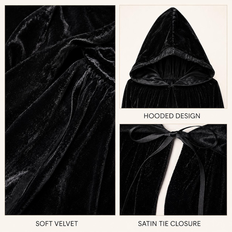 Op de afbeelding: Een zwarte fluwelen mantel met een capuchon en een satijnen striksluiting. De stof heeft een zachte, getextureerde uitstraling met zichtbare plooien. De afbeelding bevat de teksten HOODED DESIGN, SOFT VELVET en SATIN TIE CLOSURE.