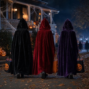 Op de afbeelding: Drie capes met capuchon van zwarte, dieprode en donkerpaarse fluwelen stof. Elke cape heeft een ontwerp over de volledige lengte met een puntige capuchon. Elke cape is gecombineerd met een zwarte stoffen tas met een oranje pompoengezicht.