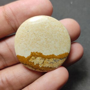 Puede incluir: Un cabujón redondo y pulido que presenta una sección superior lisa de color crema con motas de color canela y una banda distintiva e irregular de tonos tierra en amarillo mostaza oscuro y marrón en la parte inferior de la piedra.