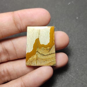 Puede incluir: Un cabujón de piedra preciosa pulida de forma rectangular que presenta una sección superior de color crema y una sección inferior de color amarillo mostaza con estrías horizontales marrón oscuro y finas líneas de fractura.