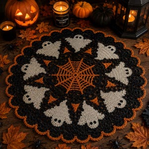 May include: A round crochet doily featuring a central orange spiderweb pattern surrounded by a ring of white ghost figures on a black background, finished with a scalloped orange border. The design incorporates intricate stitching throughout.