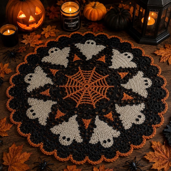 Häkelanleitung für eine Halloween-Deckchen (PDF) | Spinnennetz-Geist-Filethäkelmuster | Mittelschwer | Runddeckchen mit 40 cm Durchmesser