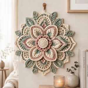 Puede incluir: Un tapiz de pared de ganchillo circular con un diseño floral en capas en hilo color crema, verde salvia y rosa empolvado. La pieza presenta una flor central rodeada de intrincados motivos de pétalos y hojas con costuras caladas.
