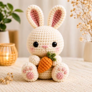 May include: A cream-colored crochet rabbit toy with long ears featuring pink centers, large black safety eyes, a small pink nose, and rosy cheeks. The rabbit is holding a small orange carrot with green leaves and has pink paw pads on its feet.