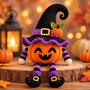 Peut inclure: Une figurine citrouille au crochet portant un grand chapeau de sorcière noir avec un bord violet et une boucle jaune. La citrouille a un visage souriant, des bras et jambes rayés violet et noir, et des bottes noires à bouts recourbés. Une petite citrouille orange avec des feuilles vertes orne le chapeau.