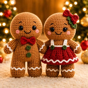 May include: Two crocheted gingerbread dolls with brown yarn bodies, black safety eyes, and pink cheeks. One doll wears a red bow tie and green buttons, while the other wears a red dress with white trim, green buttons, and a red hair bow.