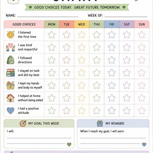 May include: A behavior chart with the title BEHAVIOR CHART, featuring a weekly grid for tracking tasks like listening and being kind. It includes sections for name, week, goals, rewards, and notes, decorated with colorful icons and the text I CAN DO HARD THINGS!
