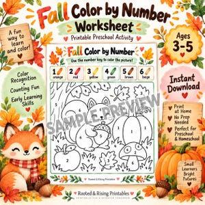May include: A Fall Color by Number worksheet for preschool children featuring a squirrel, pumpkin, apple, and mushroom. The printable activity includes a number key with colors orange, red, yellow, green, brown, and beige. The page is decorated with autumn leaves, a fox, and text including Ages 3-5 and Instant Download.