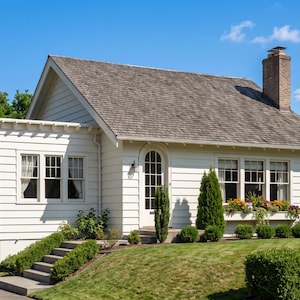 Op de afbeelding: Een wit huisje met horizontale gevelbekleding, een grijs pannendak en een bakstenen schoorsteen. Het huis heeft een boogvormige voordeur, meerdere ramen met witte kozijnen, een kleine zijveranda met een pergola en een bloembak met kleurrijke bloemen.