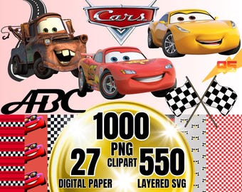 May include: A digital collection featuring cartoon characters including a rusty brown tow truck, a red race car, and a yellow sports car. The image includes the Cars logo, checkered flags, the text ABC, and a gold circle with 1000 PNG, 27 digital paper, and 550 layered SVG text.