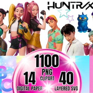 Peut inclure: Une collection numérique avec le texte HUNTRX, 1100 cliparts PNG, 14 papiers numériques et 40 fichiers SVG en couches. L'image montre plusieurs personnages animés, un chat bleu et un personnage dans une tasse étiquetée ZOEY, sur une sphère rose.