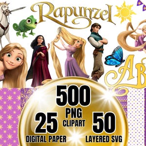 May include: A digital collection featuring Rapunzel characters, a white horse, a green chameleon, and a blue butterfly. Includes the text Rapunzel, ABC, 500 PNG clipart, 25 digital paper, and 50 layered SVG. The design incorporates purple and gold patterns.