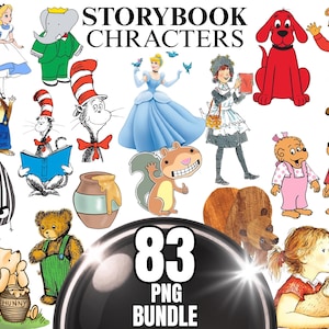 May include: A digital collection of storybook characters including Alice, Babar, Clifford, Arthur, Cinderella, The Cat in the Hat, Winnie the Pooh, and others. The image features the text STORYBOOK CHRACTERS and 83 PNG BUNDLE on a black sphere.