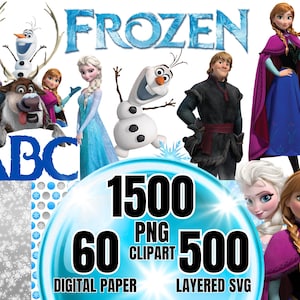 May include: A digital collection featuring Frozen characters including Elsa, Anna, Kristoff, Sven, and Olaf. The image displays the text FROZEN, ABC, 1500 PNG, 60 CLIPART, 500 DIGITAL PAPER, and LAYERED SVG. Various patterns and character poses are included.
