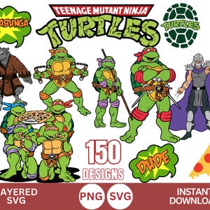 May include: A digital graphic collection featuring Teenage Mutant Ninja Turtles characters, including Splinter, Shredder, and the four turtles with their signature weapons, pizza slices, and text bubbles reading Cowabunga and Dude, plus 150 designs.