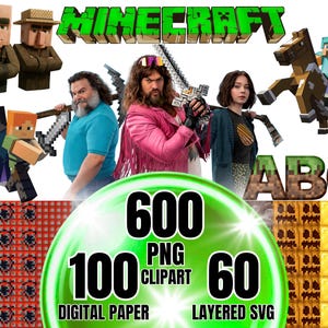 May include: A digital collection featuring Minecraft-themed graphics, including characters, the Minecraft logo, and the text ABC. The image displays 600 PNG clipart, 100 digital paper designs, and 60 layered SVG files, with various game-inspired textures.