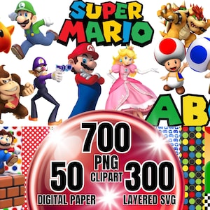 May include: A digital collection featuring Super Mario characters including Mario, Luigi, Princess Peach, Bowser, Donkey Kong, Waluigi, and Toads. The image displays text reading 700 PNG CLIPART, 50 DIGITAL PAPER, and 300 LAYERED SVG with ABC.