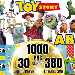 Puede incluir: Una colección digital con personajes de Toy Story incluyendo a Woody, Buzz Lightyear, Jessie, Rex y Forky. La imagen muestra el texto Toy Story, ABC, 1000 PNG Clipart, 30 Digital Paper, 380 Layered SVG y Toy Story 5 en un marco de rana verde.