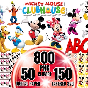 May include: A digital collection featuring Mickey Mouse Clubhouse characters including Mickey, Minnie, Donald, Daisy, Goofy, and Pluto. The image displays text reading Mickey Mouse Clubhouse, ABC, 800 PNG Clipart, 50 Digital Paper, and 150 Layered SVG.