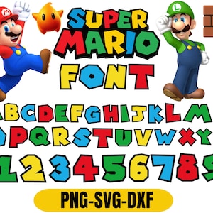 May include: A digital graphic set featuring the Super Mario font with letters A-Z and numbers 1-9 in red, green, blue, and yellow. The image includes characters Mario and Luigi, a yellow star, and a brown brick block icon with the text PNG-SVG-DXF.