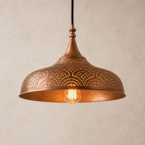 Hammered Copper Pendant Light, Moroccan Pierced Dome Lamp, Handmade Rustic Ceiling Fixture