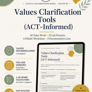 Fiches de travail de clarification des valeurs pour la thérapie, outils clients basés sur l'ACT, téléchargement PDF imprimable pour le thérapeute