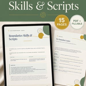 以下が含まれることがあります： Boundaries Skills & Scriptsというタイトルの15ページの入力可能なPDFを表示するデジタルタブレット。白地に緑と金の抽象的な図形が描かれています。同じデザインの印刷されたページがタブレットの横に置かれています。