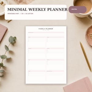 Può includere: Una pagina di pianificatore settimanale bianca con intestazioni e linee rosa tenue per ogni giorno della settimana. Il testo recita MINIMAL WEEKLY PLANNER, PRINTABLE PDF, A4 + US LETTER e DIGITAL. Il layout include sezioni per attività e note.