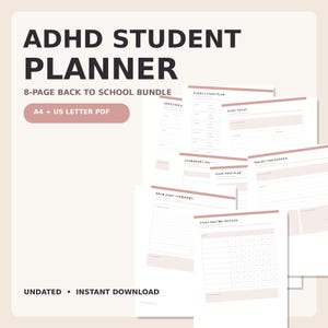 Può includere: Un pacchetto di 8 pagine di pianificatore per studenti ADHD con modelli senza data per piani di studio settimanali, focus giornaliero, monitoraggio dei compiti, preparazione agli esami e routine. Include formati A4 e US Letter PDF.