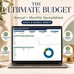 Può includere: Uno schermo di un portatile che mostra The Ultimate Budget Annual + Monthly Spreadsheet per Excel e Google Sheets. La dashboard visualizza dati finanziari, inclusi entrate, uscite, risparmi netti, un grafico a linee e un grafico a torta.