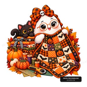 Op de afbeelding: Een wit spookfiguur met een ronde bril en een oranje geruite strik met een schedelspeld, die een patchworkquilt met pompoen- en vleermuispatronen vasthoudt. Inclusief een zwarte kat, oranje pompoenen, garenklosjes en een rolsnijder.