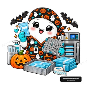 Op de afbeelding: Een cartoon-geestfiguur in een operatiejas en muts met een Halloween-patroon van pompoenen en geesten. De geest houdt een blauw medisch pakket en een metalen dienblad met chirurgische instrumenten vast, omringd door een pompoen, vleermuizen en medische apparatuur.