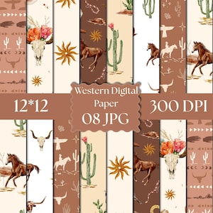 May include: A collection of eight digital paper sheets featuring western-themed illustrations including brown horses, green cacti, floral cow skulls, and sun motifs in shades of brown, cream, and orange with text reading Western Digital Paper 12*12 08 JPG 300 DPI.