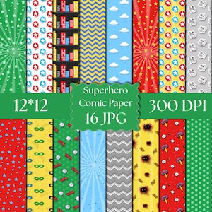 May include: A collection of sixteen digital papers featuring various patterns including comic book style star bursts, city skylines, chevron stripes, clouds, polka dots, and comic sound effects like BAM and POW in red, blue, yellow, green, and gray.