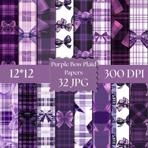Puede incluir: Una colección de papeles digitales con patrones de cuadros morados y varios diseños de lazos. El texto dice Purple Bow Plaid Papers, 12*12, 300 DPI, 32 JPG. Los patrones incluyen fondos de cuadros morados claros y oscuros con lazos.