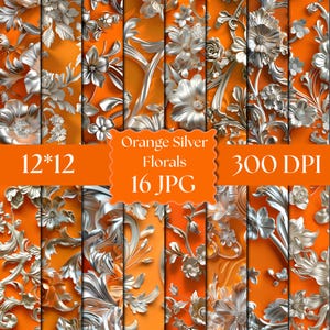 May include: A digital collection of 16 JPG files featuring silver floral patterns on a vibrant orange background. The text Orange Silver Florals 12*12 300 DPI is centered on the image, showcasing various embossed-style flower and leaf designs.