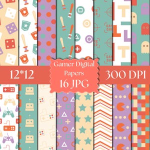 May include: A collection of sixteen digital papers featuring gaming-themed patterns including dice, swords, controllers, robots, and geometric shapes in various colors. A central red banner displays the text Gamer Digital Papers 12*12 300 DPI 16 JPG.