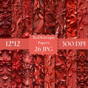 May include: A collection of red digital papers featuring intricate embossed scrollwork and floral patterns. The central text reads Red Baroque Papers 26 JPG 12*12 300 DPI. The design displays various shades of red with deep shadows and highlights.
