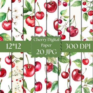 以下が含まれることがあります： 鮮やかな赤いサクランボ、緑の葉、白い花の水彩画が描かれたデジタルペーパーのコレクション。背景は白です。テキストには「Cherry Digital Paper」、「12*12」、「20 JPG」、「300 DPI」と記載されています。
