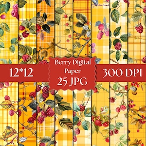 May include: A collection of digital paper patterns featuring yellow plaid backgrounds with illustrations of red raspberries and green leaves. The image includes text stating Berry Digital Paper, 12*12, 300 DPI, and 25 JPG.