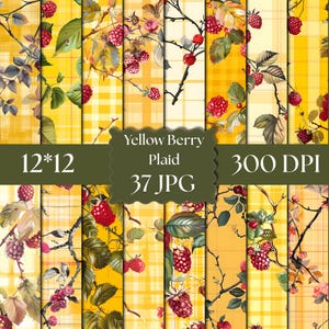 Op de afbeelding: Een digitale collectie van 37 gele ruitpatronen met illustraties van rode frambozen en groene bladeren. De afbeelding bevat de tekst Yellow Berry Plaid, 12*12 en 300 DPI. De patronen tonen diverse arrangementen van bessen op takken tegen gele geruite achtergronden.