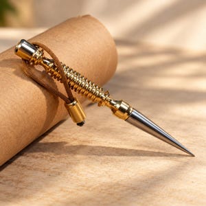 May include: A metallic tool featuring a gold-colored, ribbed cylindrical handle and a smooth, silver-colored pointed tip. A brown cord with a small gold-colored bead is attached to the top of the handle, which has a silver-colored cap.