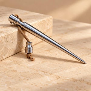 May include: A polished silver-toned metal marlinspike tool with a tapered point and a cylindrical handle. A tan paracord lanyard is attached to the top, featuring a small, matching silver-toned metal bead at the end of the cord.