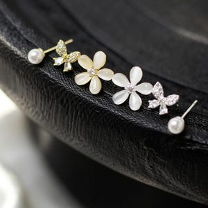 3 Pairs Earring Stack- Flower Butterfly Beads Stud Earrings-Bridal Party Jewelry-Elegant Bridesmaid Gift Set-Accessory For Nature Lover