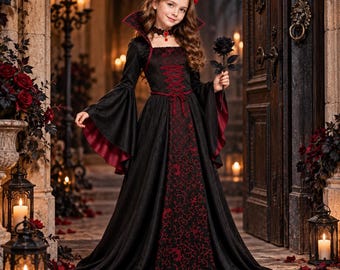 May include: A floor-length black dress with long flared sleeves, a high collar, and a red lace-up bodice featuring a dark red floral pattern. The dress is paired with a headpiece adorned with red roses and skulls, and a single black rose accessory.