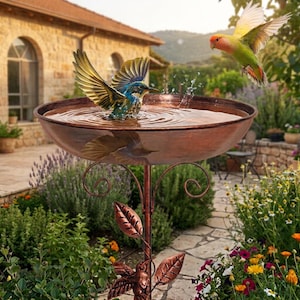 Peut inclure: Un bain d'oiseaux en métal cuivré avec un bassin large et peu profond, monté sur un pied décoratif orné de motifs de feuilles et de colibris. Un oiseau bleu et jaune s'ébroue dans l'eau, tandis qu'un oiseau vert et orange vole à proximité.